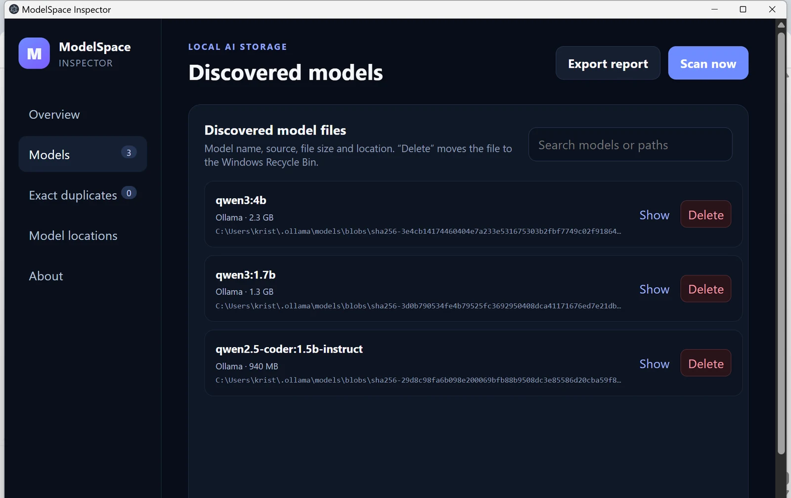 ModelSpace discovered models list